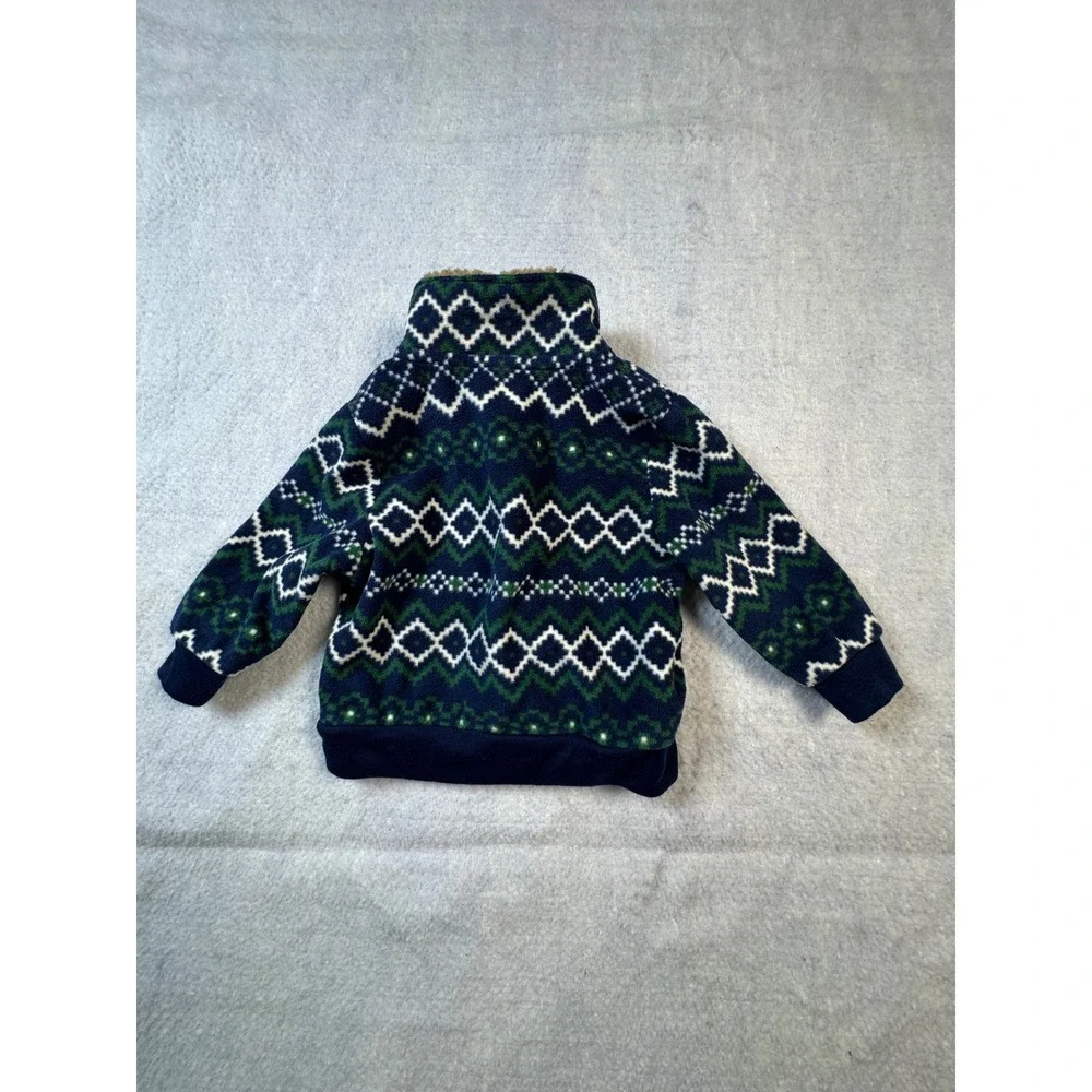 Carters Baby Boys 6M Fleece Zip Up Jacket Fair Isle Navy Blue Green Sherpa Neck